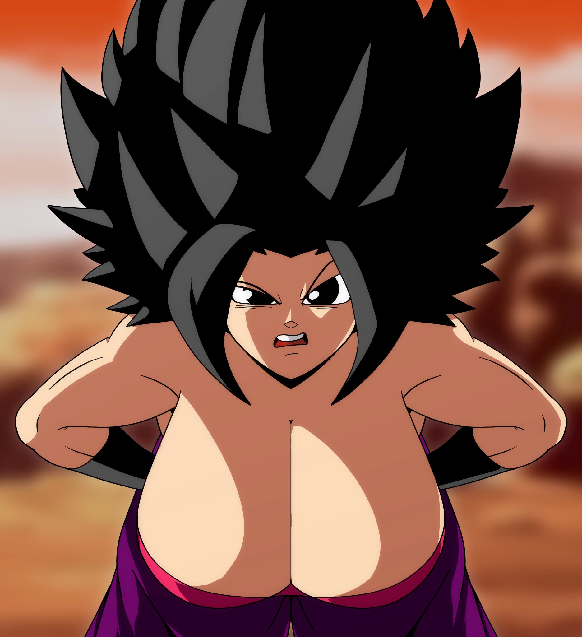 1girls, alien human, alien look like human, bent over, big breasts, black eyes, black hair, blindstash, breasts, caulifla, cleavage, clothed, clothed female, dragon ball, dragon ball super, extraterrestrial, extraterrestrial human, female, female only, female saiyan, glare, glaring, hands on hips, large breasts, long hair, looking at viewer, open mouth, saiyan, solo, solo female, spiky hair, toned, toned female, tubetop, younger female