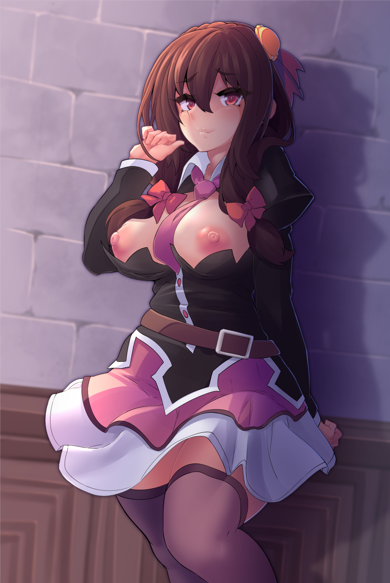 bangs belt between_breasts black_shirt blush braid breasts breasts_apart breasts_out brown_hair brown_legwear crown_braid female hair_ornament hair_ribbon highres juliet_sleeves kazukoto kono_subarashii_sekai_ni_shukufuku_wo! large_breasts layered_skirt long_sleeves looking_at_viewer low_twintails medium_hair necktie necktie_between_breasts nipples no_bra pink_skirt puffy_sleeves red_eyes ribbon shirt skirt smile solo thighhighs thighs twintails white_skirt yunyun_(konosuba)