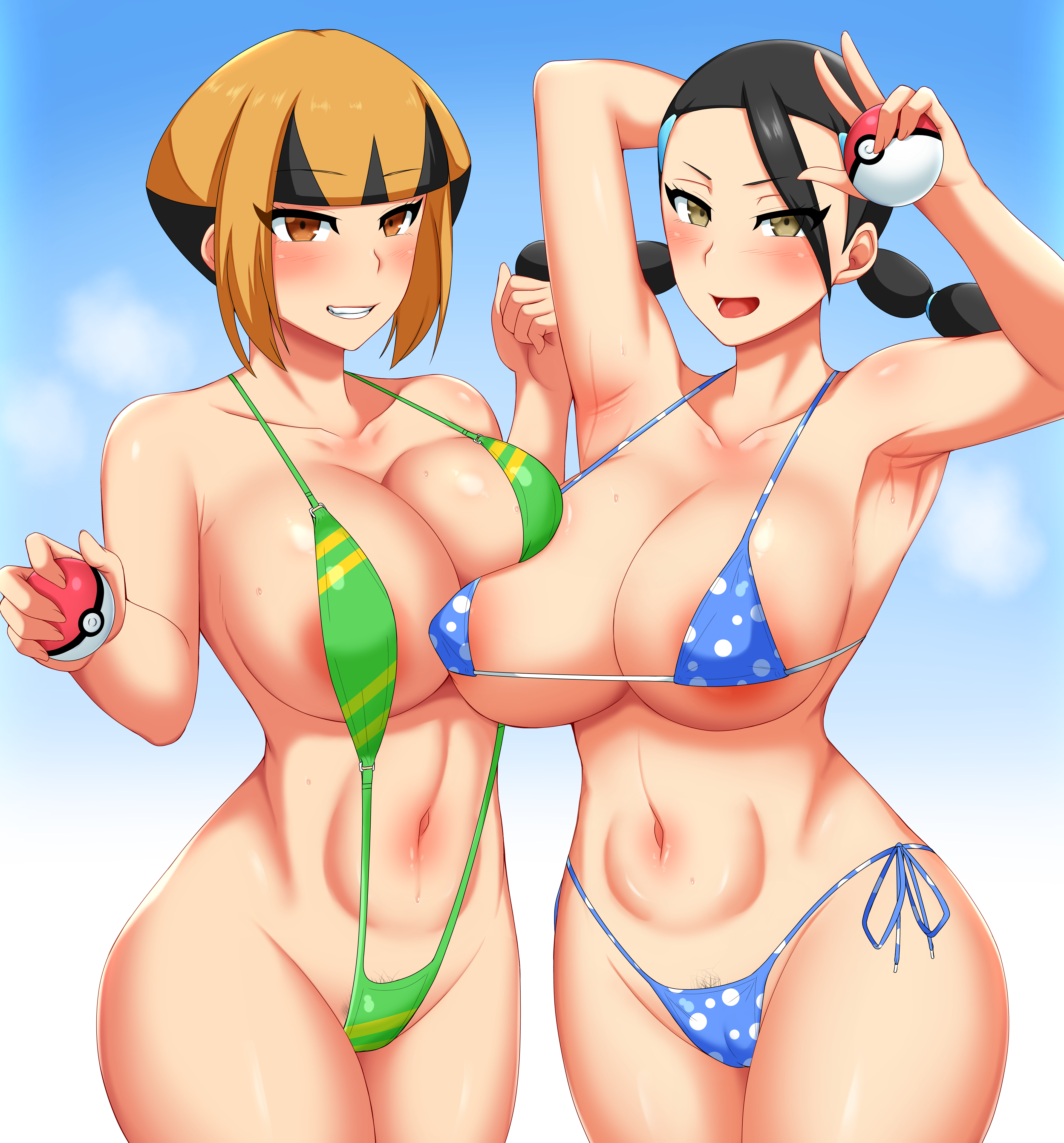 2021, 2girls, alternate breast size, alternate version available, areola slip, areolae, armpits, arms up, belly button, bikini, black hair, blue bikini, breasts, brown eyes, brown hair, candice (pokemon), female, female only, gardenia (pokemon), green bikini, gym leader, hi res, hips, holding object, huge breasts, large areolae, long hair, murasame (pixiv 38411450), nintendo, outdoors, pokeball, pokemon, pokemon dppt, short hair, simple background, slim waist, sling bikini, smile, swimsuit, thick thighs, thighs, two-tone hair, wide hips, yuri