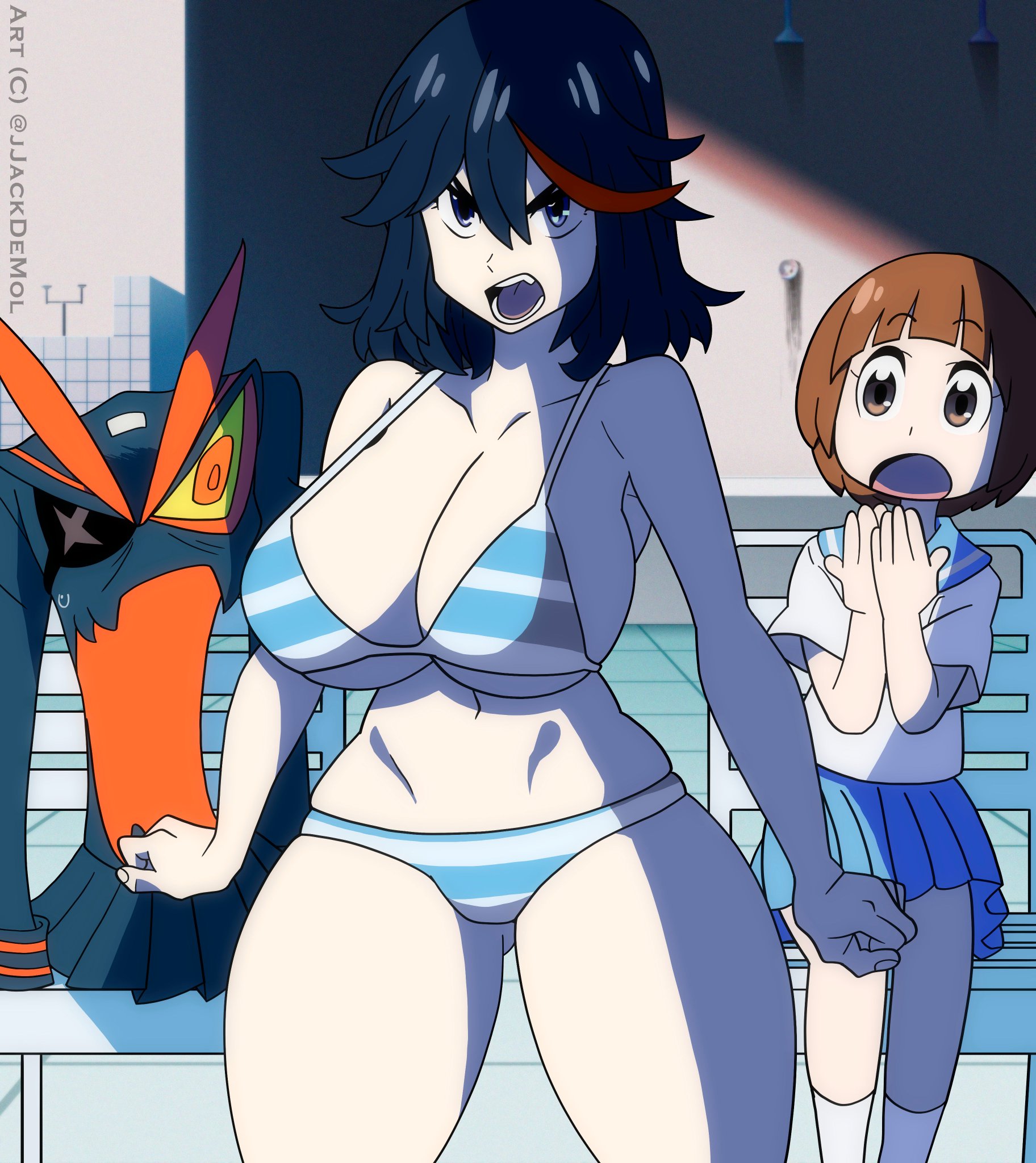2girls, angry, black hair, blindstash, blue eyes, bra, breasts, brown hair, canon panties, cleavage, female, female only, gasp, kamui (kill la kill), kill la kill, large breasts, mankanshoku mako, matoi ryuuko, navel, open mouth, panties, red highlights, redraw, school uniform, schoolgirl, senketsu, shimapan, short hair, standing, striped panties, surprised, sweatdrop, teenager, thick thighs, thigh gap, thighs, watermark, wide hips