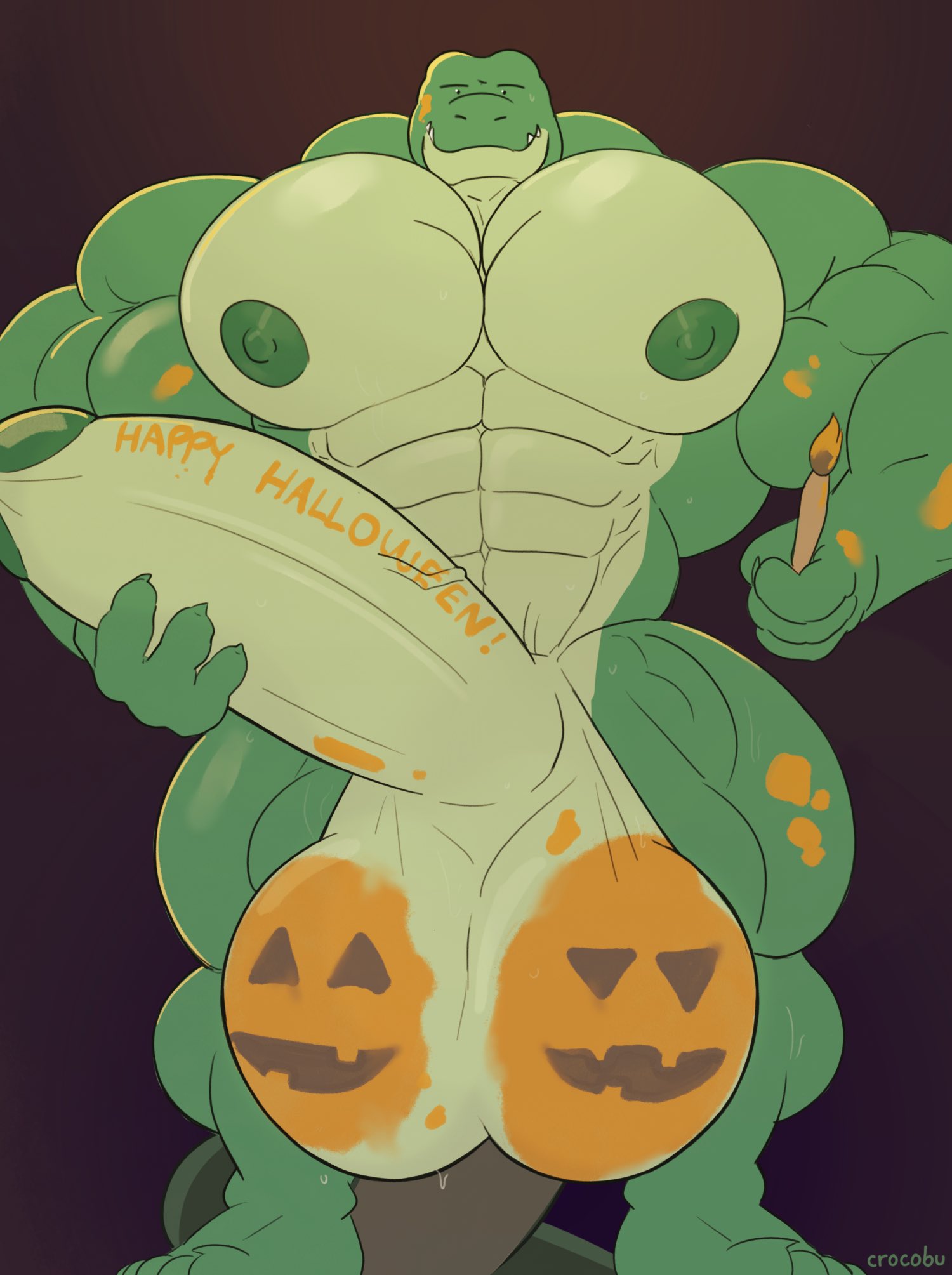 2021 4_fingers abs anthro areola balls biceps big_balls big_muscles big_penis biped bodily_fluids bodypaint brush claws crocobu crocodile crocodilian crocodylid digital_media_(artwork) english_text erection finger_claws fingers food fruit genitals green_body green_skin halloween hi_res holding_brush holding_object holding_paintbrush holding_penis holidays huge_balls huge_cock huge_muscles huge_pecs huge_thighs hyper hyper_balls hyper_genitalia hyper_penis jack-o'-lantern looking_at_viewer male muscular muscular_anthro muscular_male muscular_thighs navel nipples non-mammal_balls non-mammal_nipples nude paintbrush painted_balls pecs penis plant plantigrade pumpkin pumpkin_balls quads reptile scalie sharp_teeth smile solo sweat sweatdrop teeth text thick_thighs toe_claws