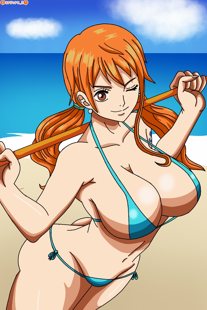 1girls, 2d, arm tattoo, bikini, blue tattoo, breasts, clima-tact, clothing, darkuro 27, female, female focus, female only, nami (one piece), one piece, orange hair, orange-haired female, solo, swimsuit, tattoo