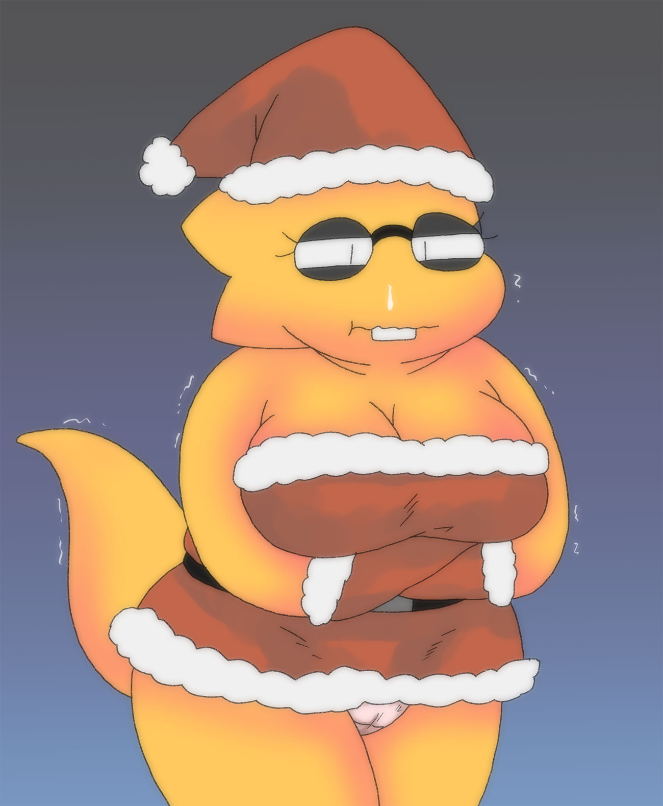 1girls 2d alphys aruput aruput_ut christmas chubby dress female female_only glasses humanoid lizard_girl lizard_humanoid panties solo tagme undertale undertale_(series) upskirt