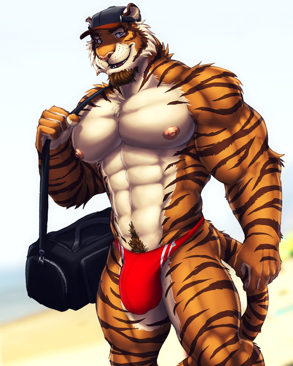 2021 4:5 abs anthro beach biceps blurred_background bulge clothing coach_night day detailed_bulge dream_and_nightmare felid feline hi_res looking_at_viewer male male_only mammal muscular muscular_anthro muscular_male night_(dream_and_nightmare) pantherine pecs seaside solo sun swimming_trunks swimwear tiger