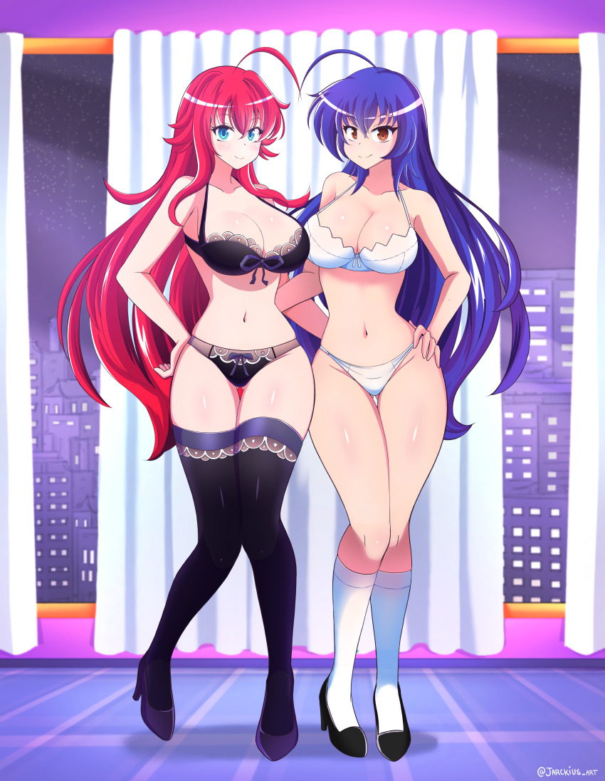 2girls absurdres ahoge black_bra blue_hair bra breasts crossover female full_body hand_on_hip hand_on_own_hip high_school_dxd highres jarckius kurokami_medaka large_breasts long_hair medaka_box ory red_hair rias_gremory thighhighs underwear white_bra