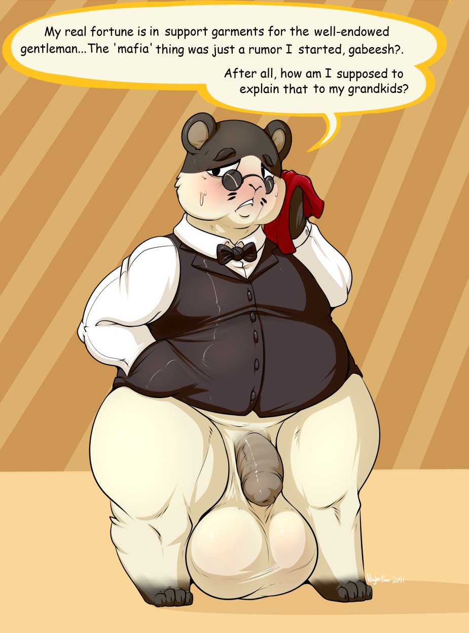 animal_crossing anthro balls big_balls bodily_fluids bottomless bow_tie clothed clothing conjoined_speech_bubble cricetid dialogue dress_shirt english_text eyewear flaccid genitals glasses hamster hi_res huge_balls male mammal marlo_(animal_crossing) nightfaux nintendo overweight overweight_male penis rodent shirt solo speech_bubble standing sweat text thick_thighs topwear topwear_only video_games