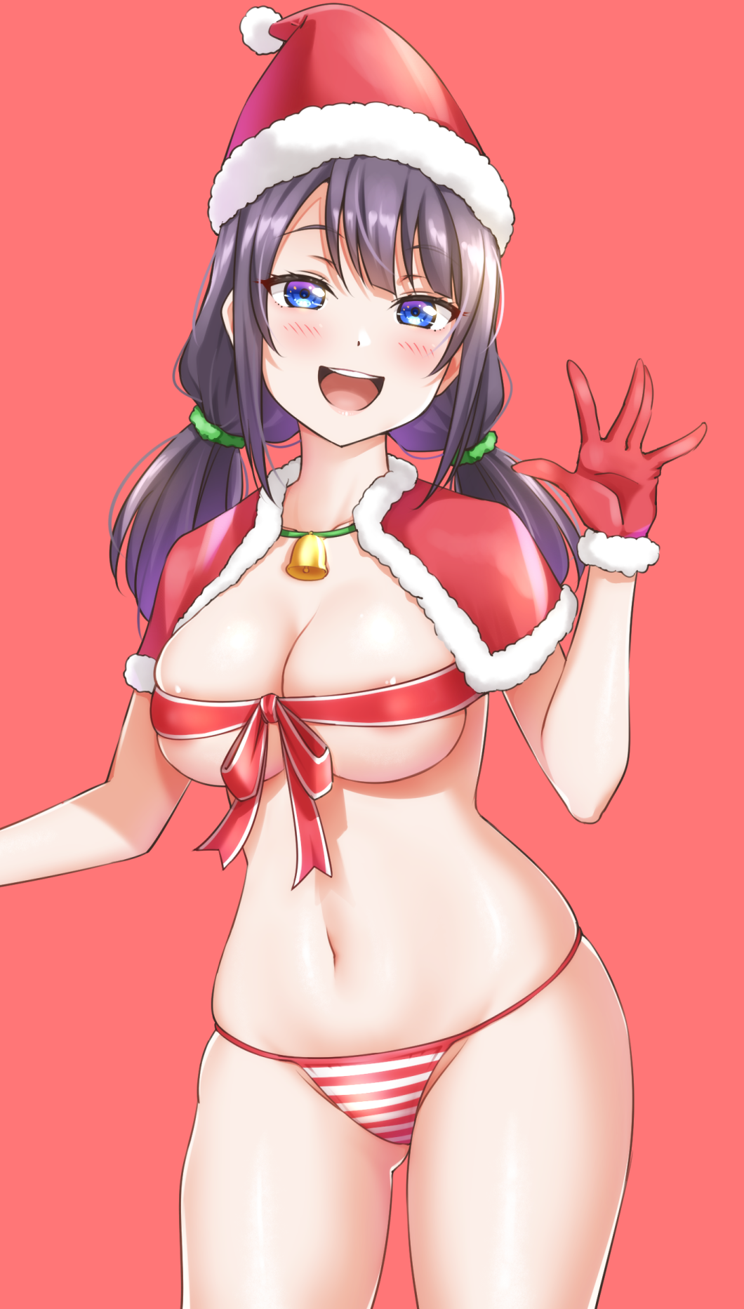 :d \||/ areola_slip areolae bangs bell bikini bikini_bottom_only black_hair blue_eyes blunt_bangs blush breasts capelet christmas commentary eyebrows_visible_through_hair female female_only fur-trimmed_capelet fur-trimmed_gloves fur-trimmed_headwear fur_trim gloves gluteal_fold groin hands_up hat highres large_breasts looking_at_viewer mibushiro navel neck_bell open_hand open_mouth original parted_bangs red_background red_bikini red_capelet red_gloves red_headwear red_ribbon ribbon ribbon_bra santa_hat sidelocks simple_background skindentation smile solo standing string_bikini striped striped_bikini swimsuit twintails underboob waving