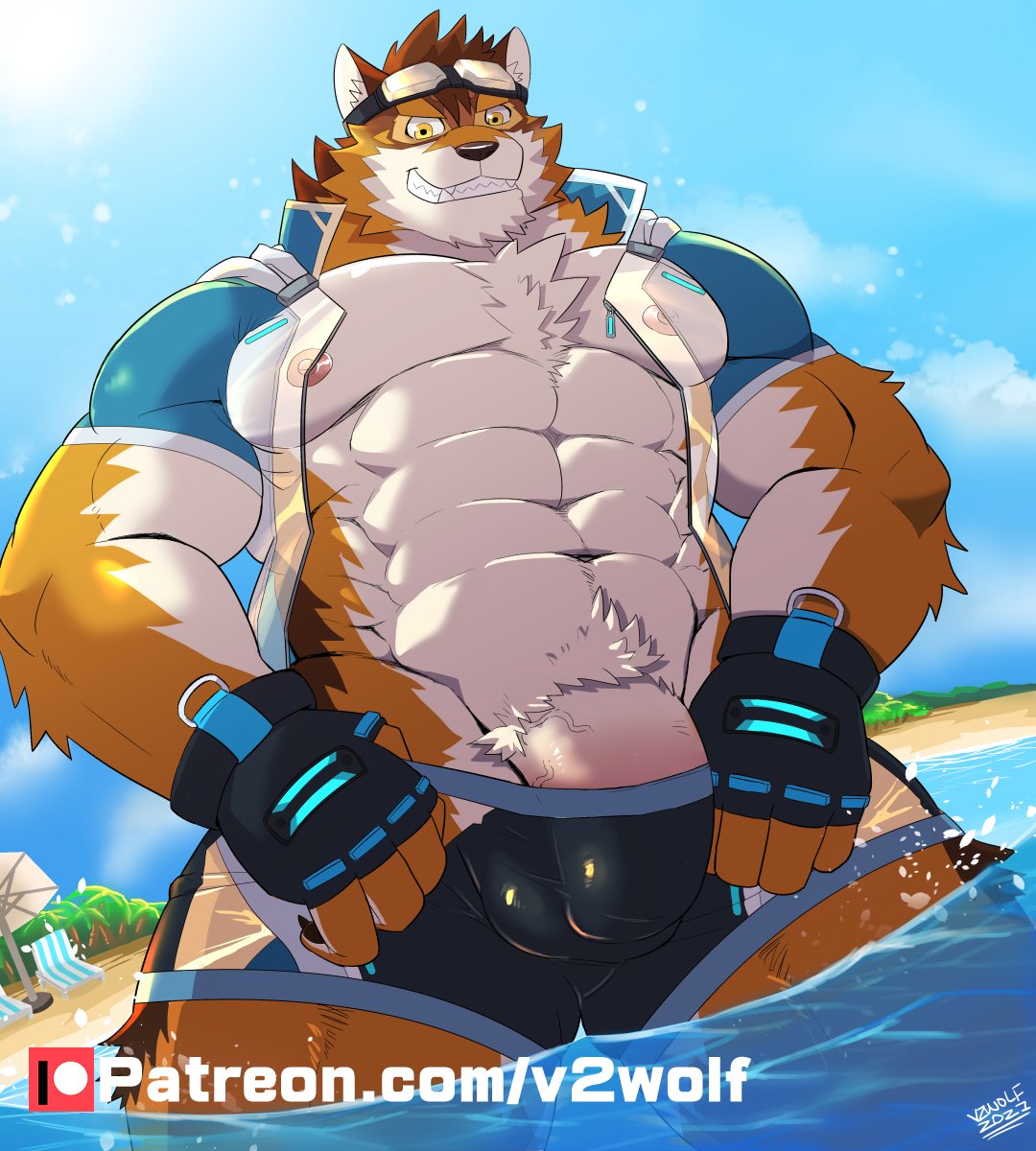 1boy abs anthro barrel_(live-a-hero) beach beach_chair bottomwear canid canine canis clothing eyewear fingerless_gloves flaccid genitals gloves goggles grin handwear hi_res lifewonders live-a-hero looking_at_viewer male male_only mammal muscular muscular_anthro muscular_male nipples palm_tree partially_submerged pecs penis penis_base plant seaside shorts smile solo swimwear tree v2wolf video_games water wolf