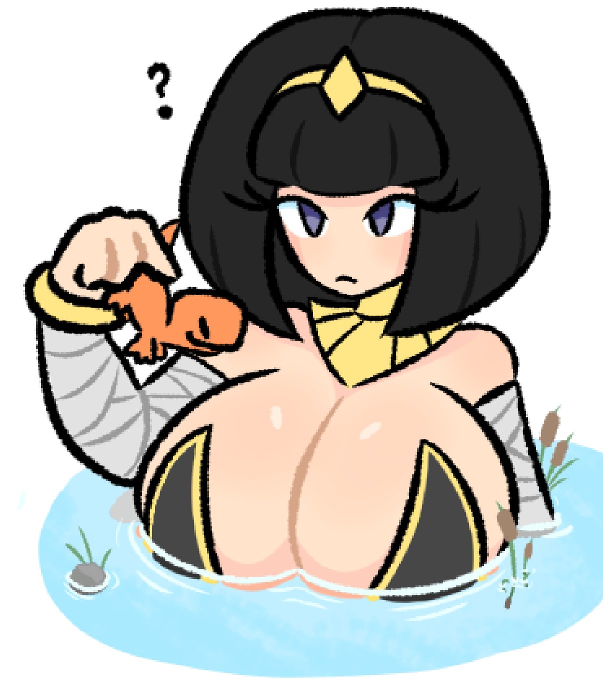 1female, 1girls, 2d, 2d (artwork), 2d artwork, big breasts, black hair, blue eyes, breasts, bust, bust portrait, bust up, busty, busty female, color, digital drawing (artwork), digital media (artwork), egyptian, egyptian clothes, egyptian female, egyptian headdress, egyptian mythology, elisa (hira.shotgun), eyelashes, female, hira.shotgun, holding, holding animal, huge breasts, in water, light skin, light-skinned female, mummy wrappings, original, original character, question, question mark, questioning, shiny breasts, shiny skin, short hair, simple background, waist not visible