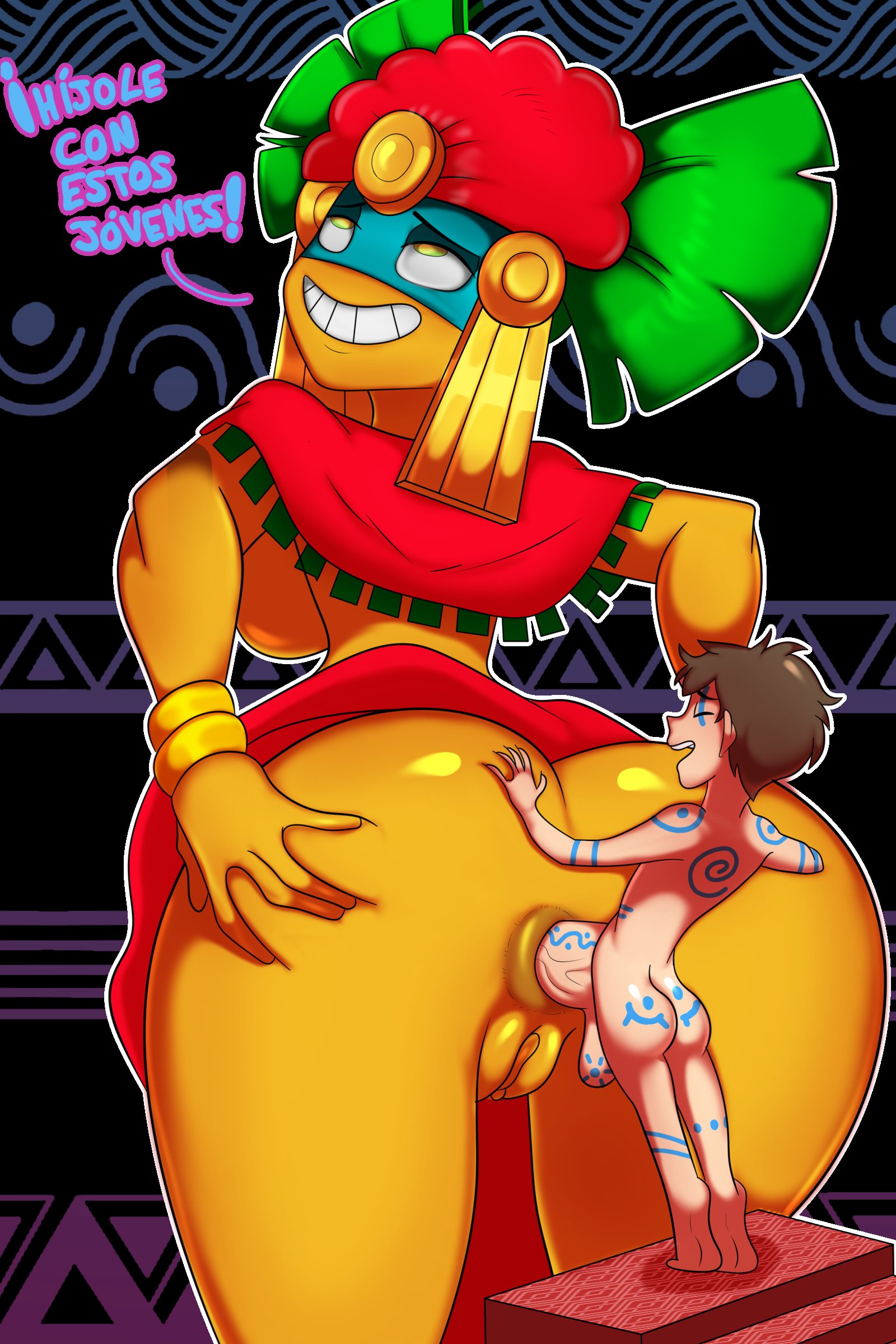 2d, 2d (artwork), 2d artwork, american mythology, anal, anal addiction, anal insertion, anal orgasm, anal penetration, anal sex, aztec mythology, aztectopia, body markings, female, female focus, female orgasm, female penetrated, from behind, from behind position, giantess, goddess xochiquetzal, looking pleasured, male, male penetrating, male penetrating female, male/female, oddrich, orgasm, orgasm face, penetration, penetration from behind, penis, penis in ass, pleasure face, pleasured, rear view, sex, symbols, tribal, tribal markings, tribal tattoo, tribal tattoos, xochiquetzal, xochiquetzal (aztectopia), yellow skinned
