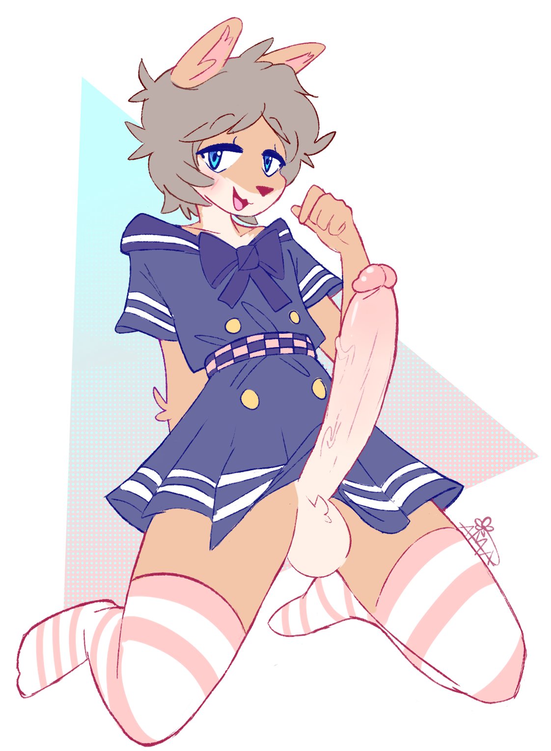amaruu, bedroom eyes, blue eyes, crossdressing, dog boy, erection, femboy, fluffy hair, fur, furry, huge cock, hung trap, long penis, male, penis, skirt, striped legwear, thighhighs