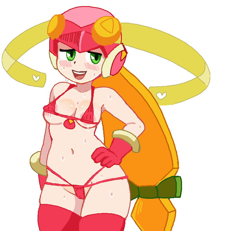 areola_slip bikini blonde_hair blush breasts capcom female_focus gloves green_eyes helmet mega_man mega_man_battle_network micro_bikini navel ponytail ribbon roll.exe simple_background sweat white_background