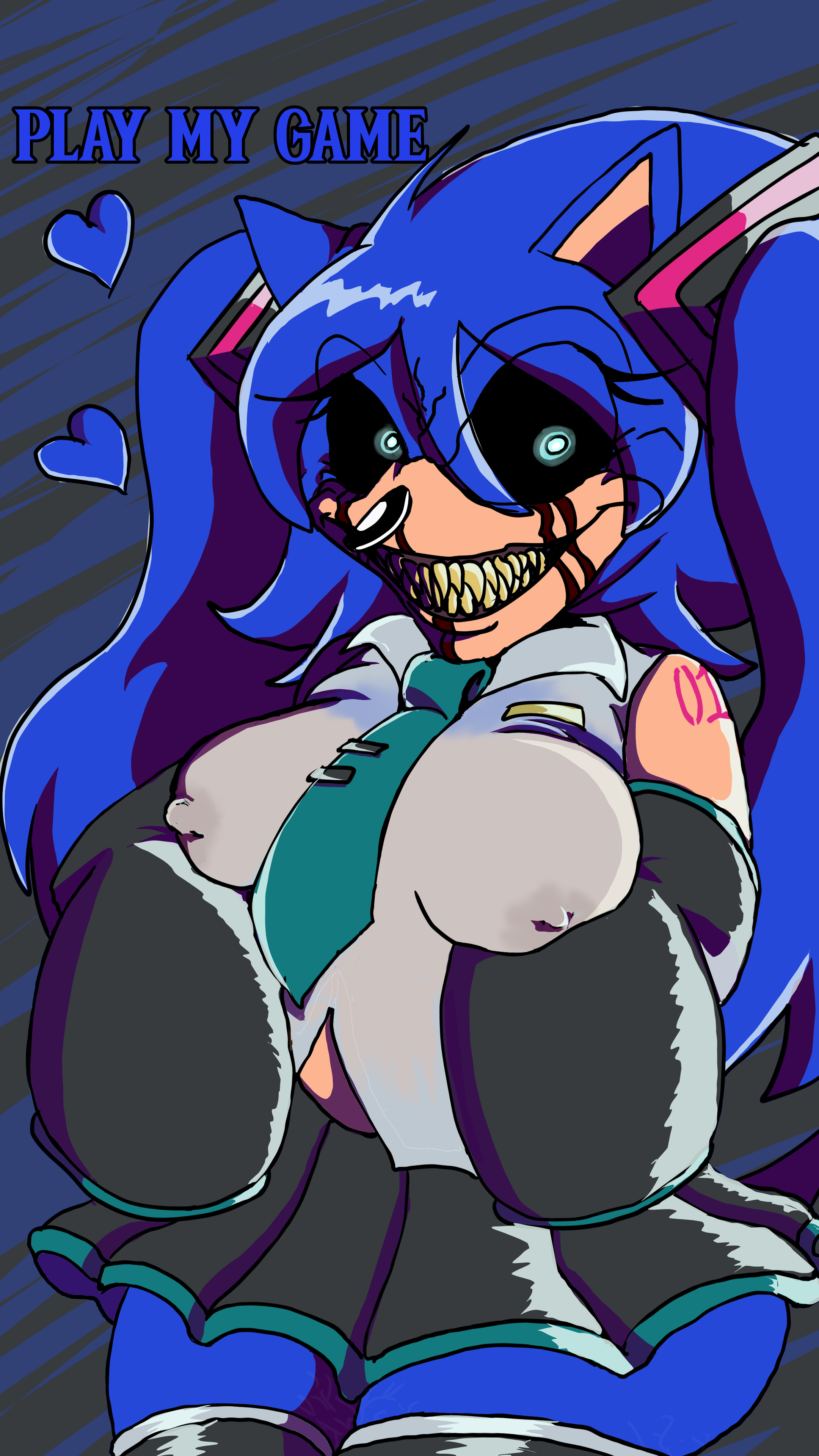 1girl, 2011x, animal ears, black sclera, black skirt, black thighhighs, blood, blue eyes, blue fur, blue hair, breasts, cat ears, colored sclera, covered nipples, creepypasta, detached sleeves, dialogue, english text, eyelashes, fangs, glowing eyes, grin, hatsune miku, hatsune miku (cosplay), heart, long hair, looking at viewer, miku x (outcome memories), necktie, nipple bulge, nipples, nipples visible through clothing, outcome memories, pleated skirt, sharp teeth, shirt, skirt, smile, solo, sonic (series), sonic.exe, sonic.exe (series), tattoo, teeth, text, thighhighs, tie, twintails, vocaloid