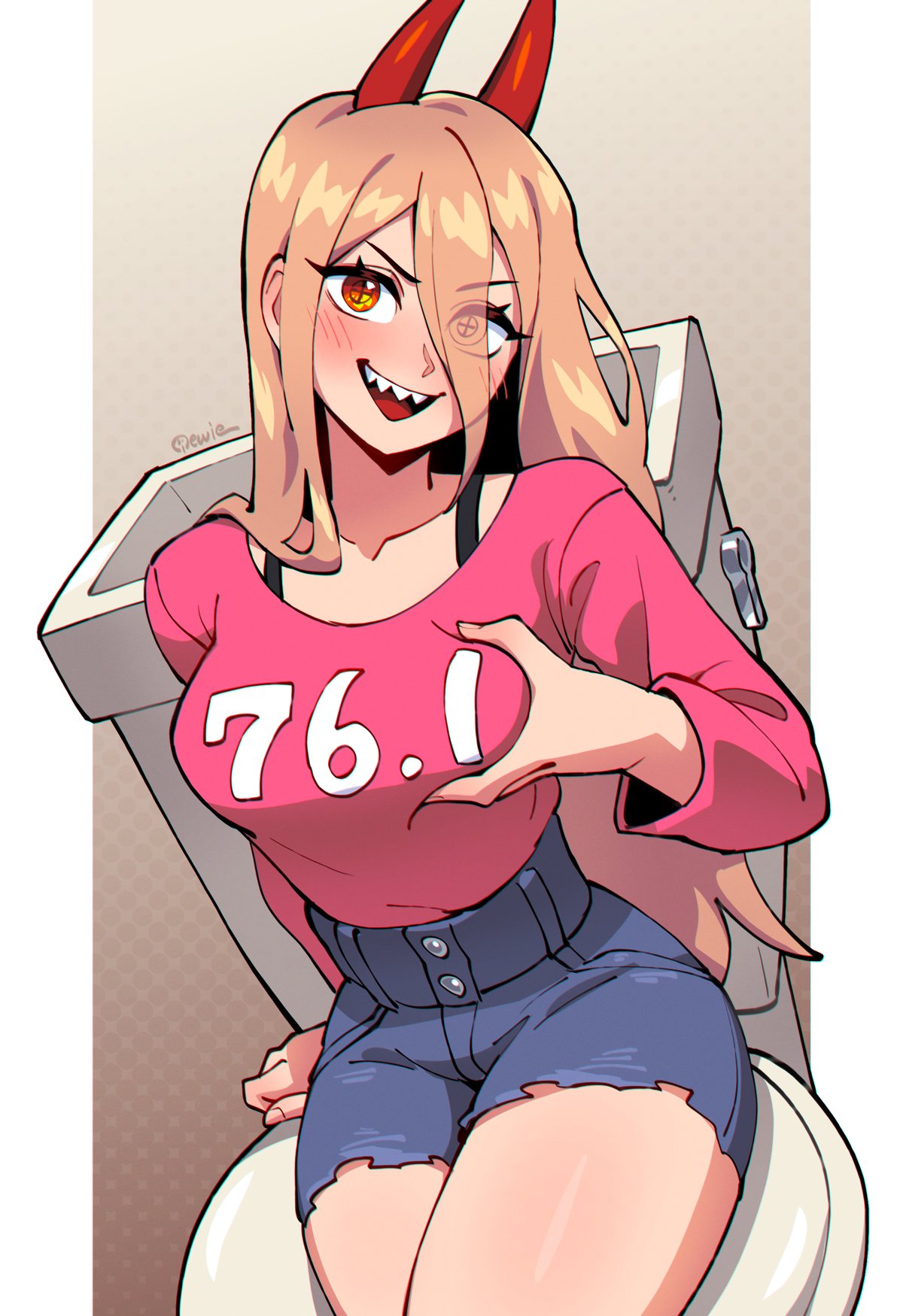 1girls blonde_hair blush chainsaw_man clothed clothing female female_only grabbing_own_breast hi_res horns long_hair looking_at_viewer orange_eyes power_(chainsaw_man) qewie red_horns sharp_teeth sitting smiling smiling_at_viewer solo symbol-shaped_pupils