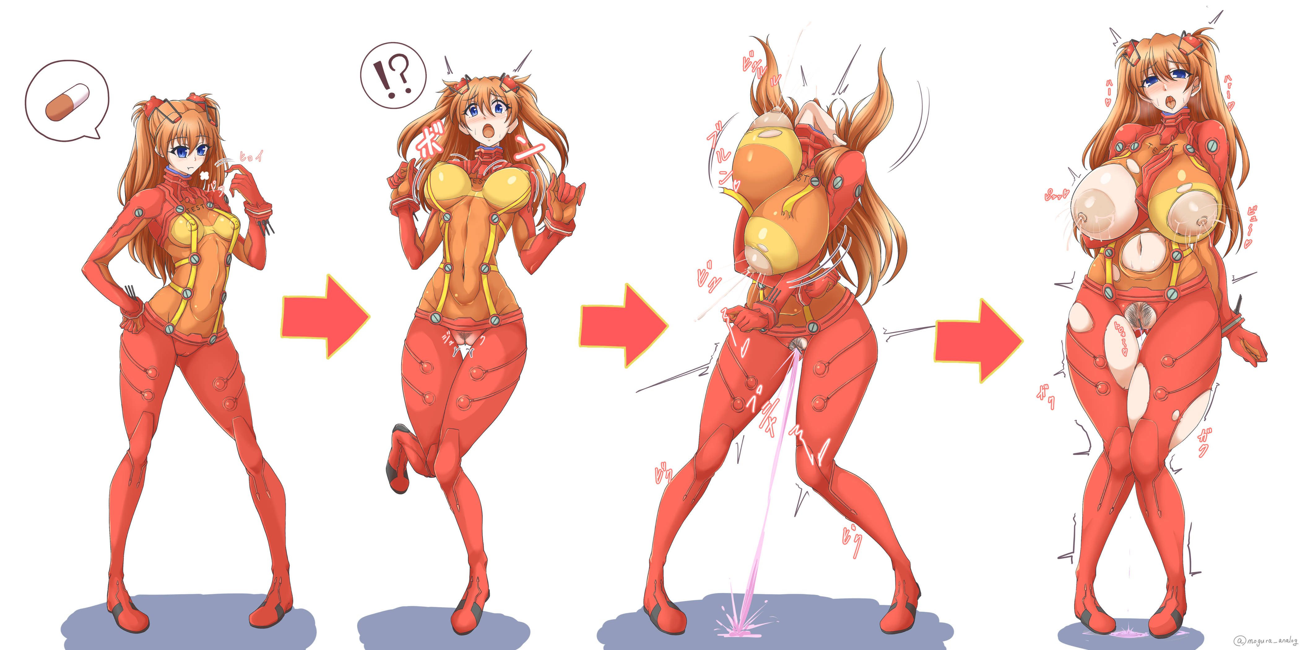 ass, ass expansion, asuka langley sohryu, body transformation, bodysuit, breast expansion, breast growth, breast growth (enlargement), breasts, female, figure transformation, growth, growth sequence, hourglass figure, huge ass, huge breasts, mogura analog, neon genesis evangelion, plugsuit, ripped clothing, thick thighs, thigh expansion, transformation, transformation sequence, wide hips