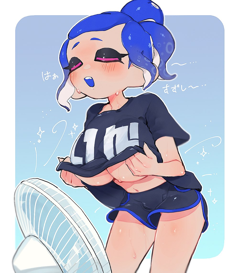 black_shirt blue_hair blush breasts closed_eyes clothes_lift dolphin_shorts doro_mizu_831 electric_fan fanning fanning_breasts female large_breasts navel nintendo no_bra octoling octoling_girl octoling_player_character open_mouth ponytail shirt shirt_lift short_hair shorts solo splatoon splatoon_(series) splatoon_oc sweat tentacle tentacle_hair underboob waka-chan_(doro_mizu_831)