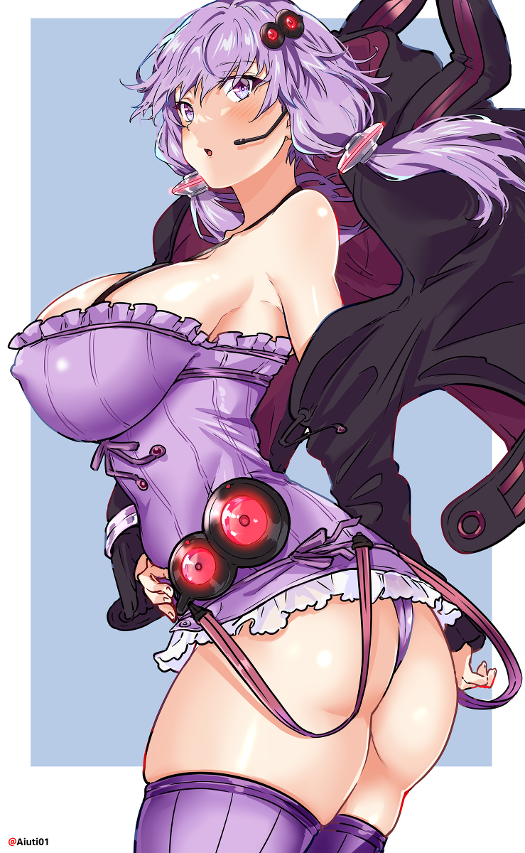 1girls aiuti alternate_breast_size ass bare_shoulders big_breasts blush breasts female hair_ornament looking_at_viewer nipple_bulge purple_eyes purple_hair short_hair short_hair_with_long_locks solo thick_thighs thighhighs vocaloid voiceroid yuzuki_yukari