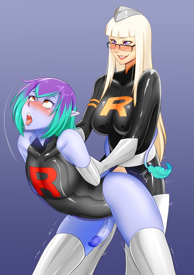 1girl 1girls ahe_gao arms_behind_back bare_shoulders blonde_hair blue_skin blush erection femboy femdom glasses green_hair hands_behind_back holding_arms_back indie_virtual_youtuber jaclyn_(corruptionprincess) latex latex_clothing latex_thighhighs mimcubus oo_sebastian_oo original pegging pervyseby pointy_ears purple_hair strap-on succubus team_rocket_uniform two_tone_hair virtual_youtuber