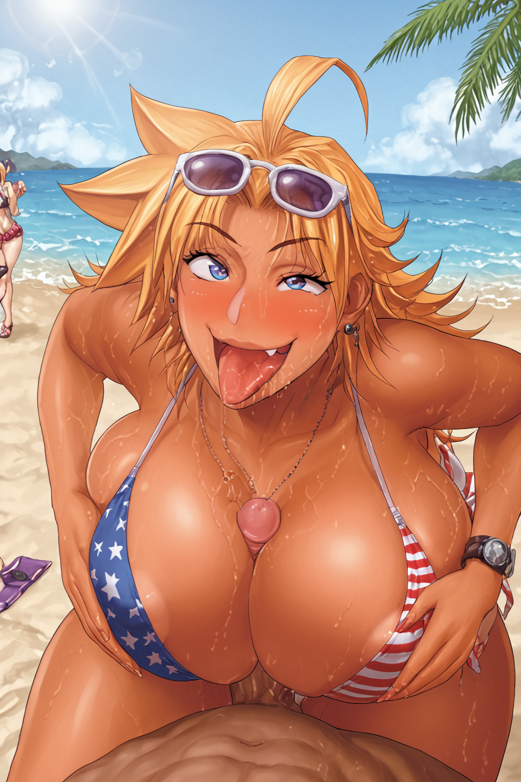 1girls ai_generated american_flag_bikini beach bikini blonde_hair blue_eyes dark-skinned_female energy_kyouka!! eyewear_on_head female gyaru huge_breasts human paizuri penis shiraishi_kyouka sun sunglasses titjob tongue water