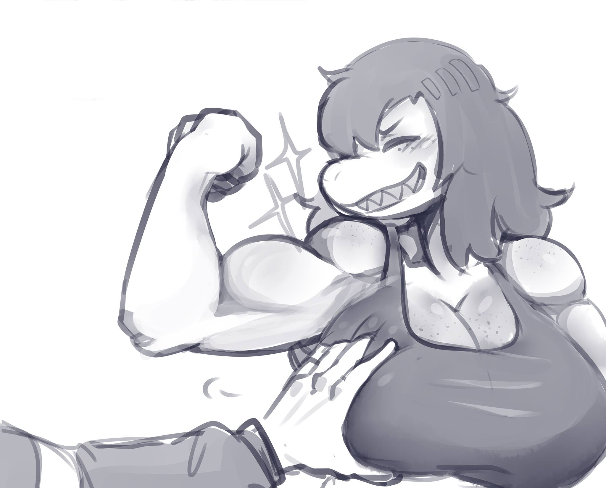 1boy, 1girls, artist request, big breasts, breast grab, breasts, cleavage, deltarune, fangs, female, flexing, flexing bicep, funny, go on feel it (meme), groping, groping breasts, hi res, kris (deltarune), male, medium hair, meme, monochrome, muscular, muscular female, scalie, scalie humanoid, sharp teeth, short hair, susie (deltarune), tank top, tomboy, white background