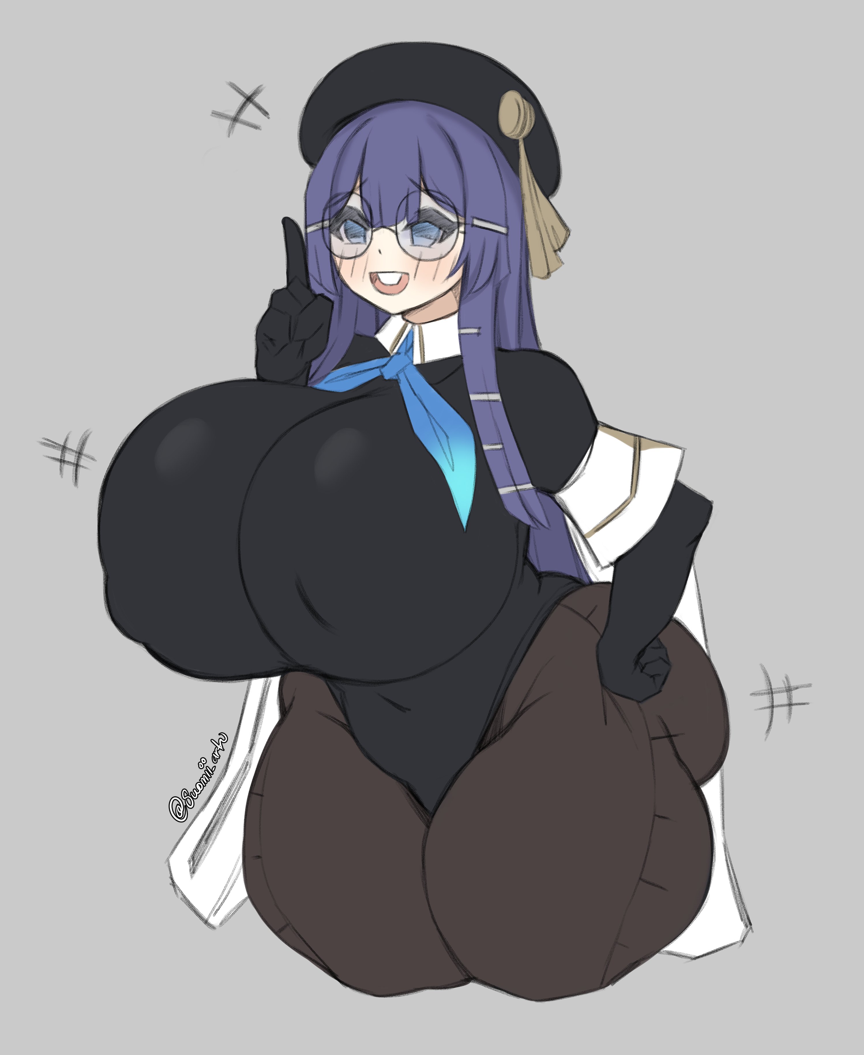 1girls, alternate breast size, black clothing, breasts, female, glasses, heart, honkai: star rail, huge breasts, leotard, long hair, meme, nerd, nerdy female, original, pela (honkai: star rail), purple hair, ribbon, solo, suomii, thick thighs, tights