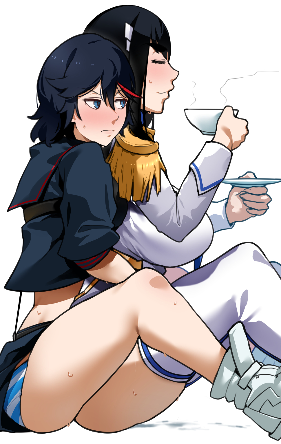 2girls annoyed bakkanki black_hair blue_eyes blush cuddling fingering groping_from_behind human incest kill_la_kill kiryuuin_satsuki matoi_ryuuko multiple_girls no_panties panties pressed_together pussy_juice red_hair red_highlights satoriwappa siblings sisters sitting sitting_on_floor striped striped_panties stripes tea tea_cup tomboy two_tone_hair wholesome yuri