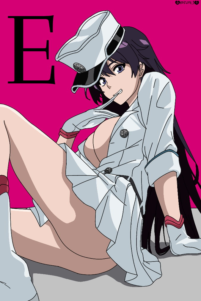 1girls arm_support ass ass bambietta_basterbine big_breasts biting_finger black_hair bleach bleach:_the_thousand-year_blood_war breasts cleavage darkuro_27 female_only gloves hat leg_up looking_at_viewer seductive seductive_look sitting skirt solo thighs undressing uniform