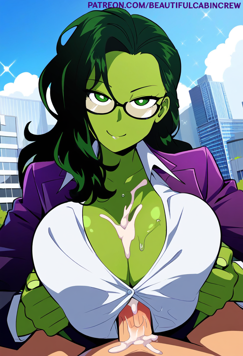 ai_generated beautifulcabincrew boobjob breastjob clothed_paizuri clothed_sex cum cum_on_breasts glasses green_hair green_skin jennifer_walters lawyer marvel marvel_comics office_clothing paizuri penis she-hulk