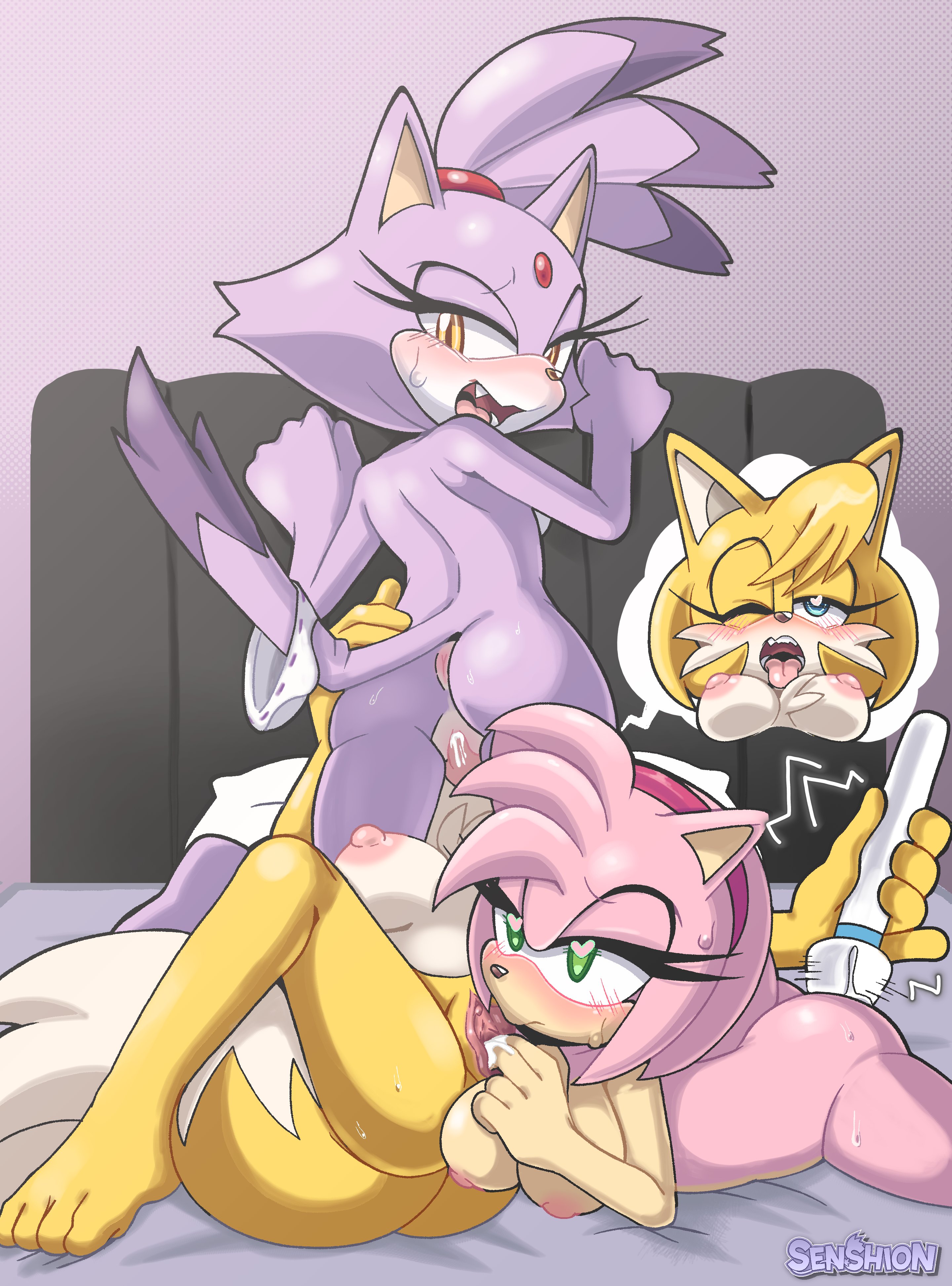 3girls, amber eyes, amy rose, animal ears, animal tail, anthro, anthro on anthro, anthro only, areolae, artist logo, artist name, blaze the cat, blue eyes, blush, breasts, cat ears, cunnilingus, eyelashes, facesitting, feline, feline humanoid, female, female only, fff threesome, finger fuck, fingering partner, forehead jewel, fox ears, fur, genderswap, genderswap (mtf), green eyes, heart-shaped pupils, hedgehog, hitachi magic wand, lavender fur, licking pussy, multiple females, multiple girls, nipples, nude, one eye closed, open mouth, oral, oral sex, pink fur, purple fur, pussy, rule 63, sega, senshion, sex toy, sonic (series), sonic the hedgehog (series), tails, tails the fox, tailsko, threesome, trio, vibrator, yellow fur, yuri
