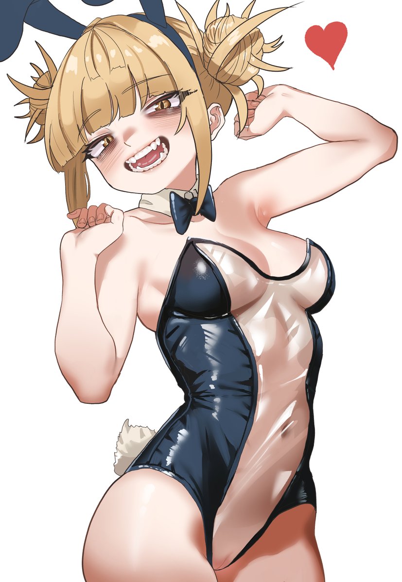 animal_ears armpits arms_up black_bow black_bowtie blonde_hair blunt_bangs boku_no_hero_academia bow bowtie breasts detached_collar double_bun english_commentary fake_animal_ears fake_tail female hair_bun heart highleg highleg_leotard himiko_toga leotard looking_at_viewer medium_breasts meme_attire messy_hair my_hero_academia nontraditional_playboy_bunny open_mouth playboy_bunny pussy rabbit_tail see-through see-through_leotard short_hair smile solo strapless strapless_leotard tail teeth toga_himiko traditional_bowtie translucent_bunnysuit uncensored white_background yellow_eyes zd_(pixiv6210083)