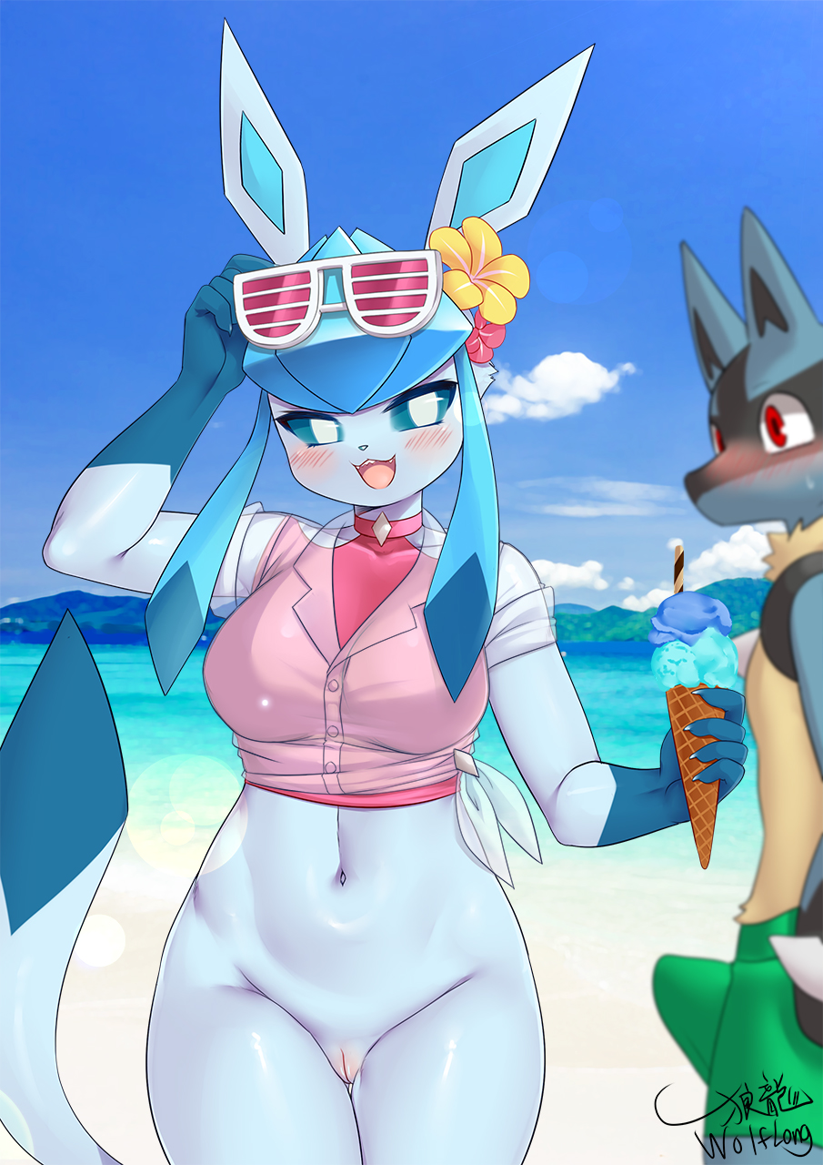 anthro anthrofied beach blue_body blue_fur bottomless breasts bulge canid canine clothed clothing eeveelution female fur generation_4_pokemon genitals glaceon hi_res lucario male mammal nintendo partially_clothed pokemon pokemon_(species) pussy red_eyes solo_focus wolflong