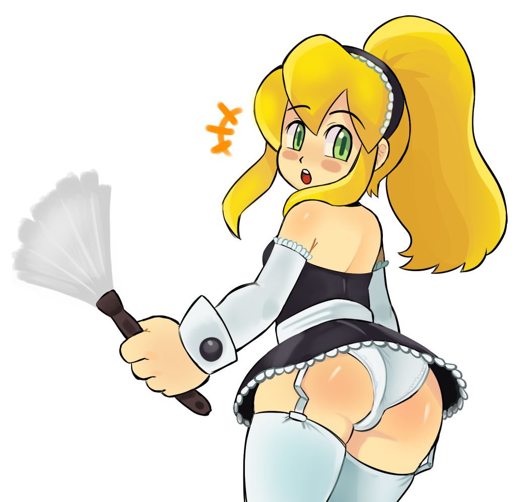 ass back blonde_hair capcom drawfag leggings looking_at_viewer looking_back maid maid_headdress maid_outfit maid_uniform mega_man mega_man(classic) open_back panties ponytail roll simple_background surprised upskirt white_panties