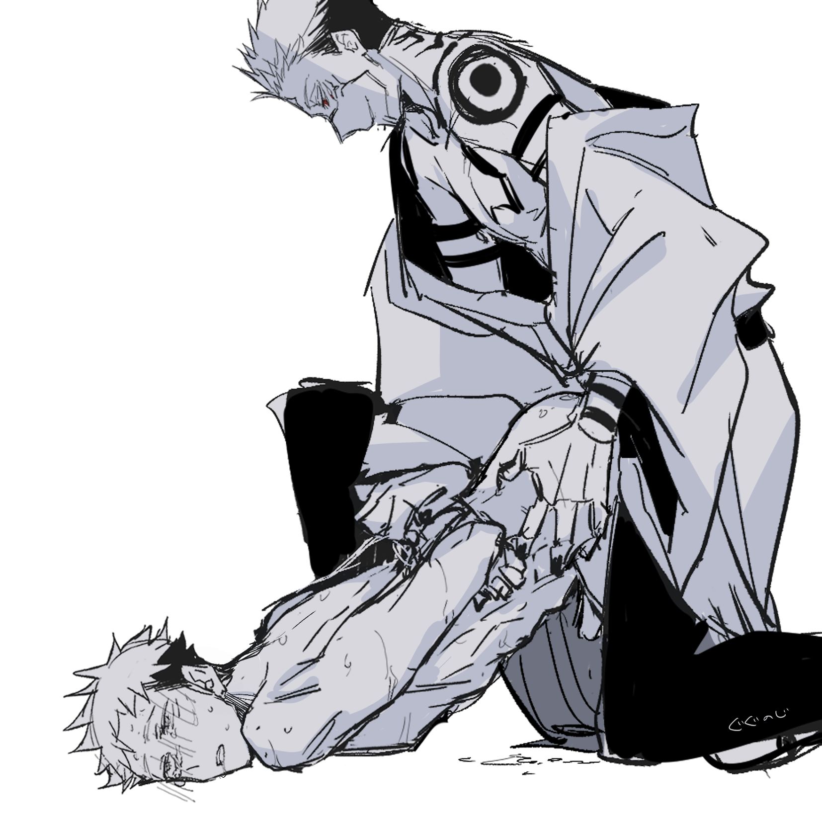anal, anal penetration, anal sex, blush, blush lines, cumming while penetrated, from behind, gay, gay domination, gay sex, incest, itadori yuuji, jujutsu kaisen, male, male only, monochrome, orgasm face, ryoumen sukuna (jujutsu kaisen), tattoos, tears, tied hands, uncle and nephew, yaoi