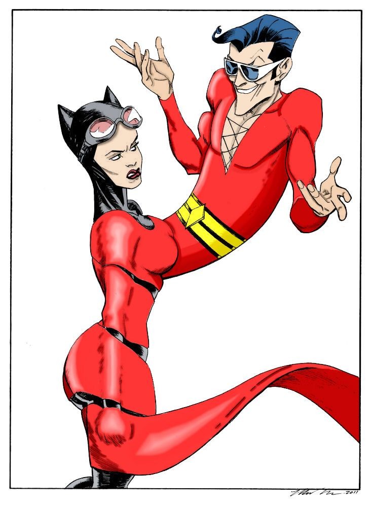 1boy 1girls artist_name big_breasts breasts catwoman dc dc_comics duo female male male/female plastic_man selina_kyle superhero thief villainess voluptuous voluptuous_female wide_hips