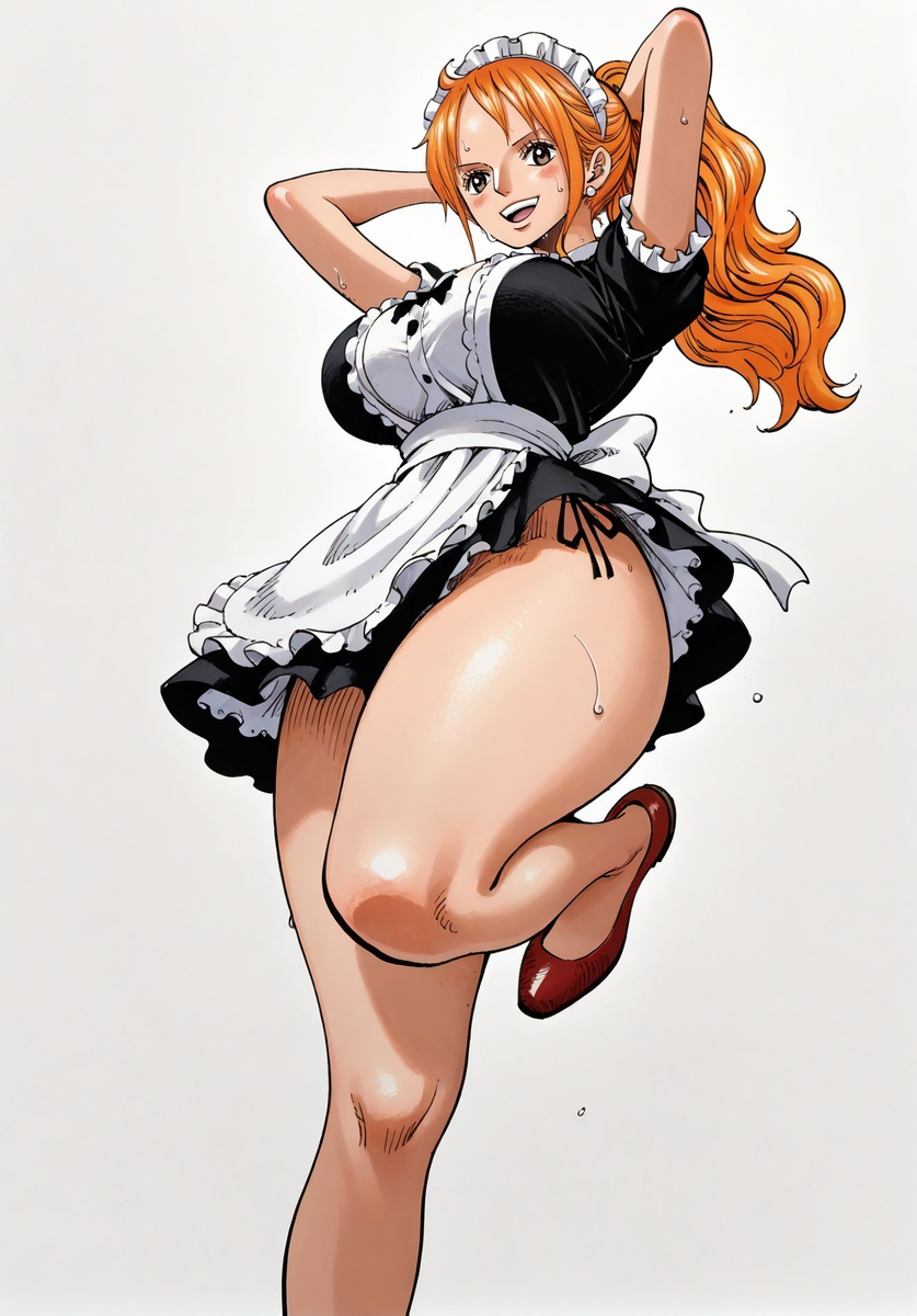 ai_generated alluring arms_behind_head arms_up big_breasts blush blushing_female breasts color colored earring earrings female female_only high_heels highres long_hair looking_at_viewer maid maid_headdress maid_outfit maid_uniform nami nami_(one_piece) one_leg_up one_piece orange_hair ponytail post-timeskip seducing seduction seductive seductive_body seductive_eyes seductive_gaze seductive_look seductive_mouth seductive_pose seductive_smile shiny_hair shiny_skin sweat sweatdrop sweating sweaty sweaty_body tagme thick_thighs voluptuous voluptuous_female yashin