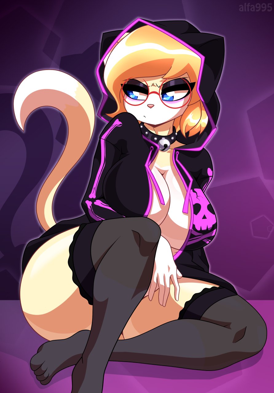 2024 alfa995 anthro bell_collar big_ass big_breasts breasts cleavage collar domestic_cat felid feline felis glasses goth goth_girl hi_res orange_hair pink_nose queen_(alfa995) thick_thighs