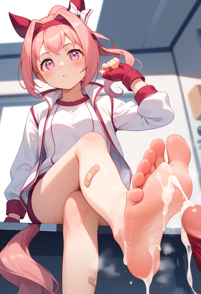 after_footjob ai_generated animal_ears blush cum cum_in_feet cum_on_feet feet feet_focus female foot_fetish from_below front_view haru_urara_(umamusume) horse_ears horse_girl horse_tail indoors legs penis pink_eyes pink_hair shiny_skin soles steam steaming_feet stepped_on umamusume