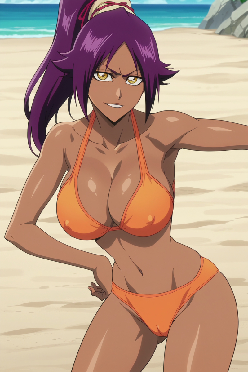 1girls, ai generated, aindroidparanoid, ass, beach, big ass, big breasts, bikini, bleach, breasts, dark skin, female, female only, huge breasts, large ass, large breasts, large butt, ocean, purple hair, shihouin yoruichi, stable diffusion, swimsuit, yellow eyes