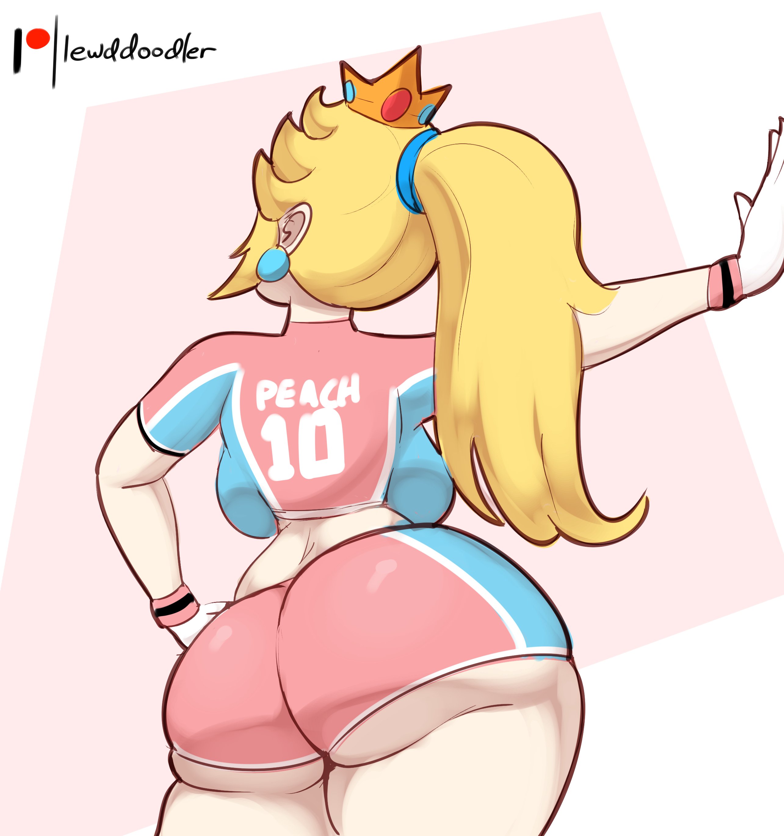 ass, ass hanging out of shorts, back view, big ass, big butt, blonde female, blonde hair, booty shorts, breasts, bubble butt, crown, female, lewddoodler, mario (series), mario strikers, mario strikers peach back view redraw (meme), nintendo, pink shorts, princess peach, sassy, short shorts, shorts