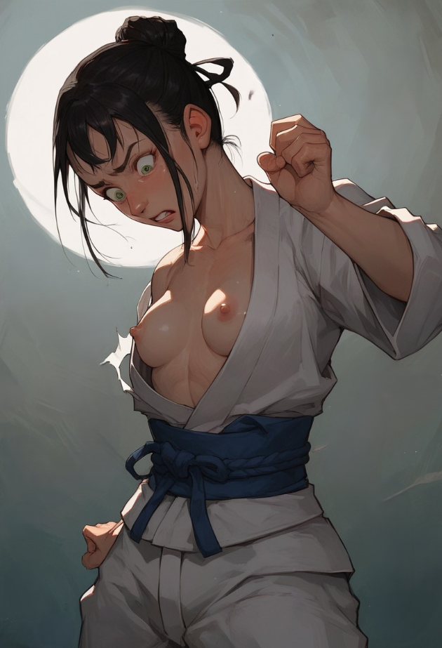 1girls ai_generated black_hair blush cache clothed exposed_breasts female green_eyes martial_arts martial_arts_uniform medium_breasts original_character shocked solo surprised threadweaver wardrobe_malfunction