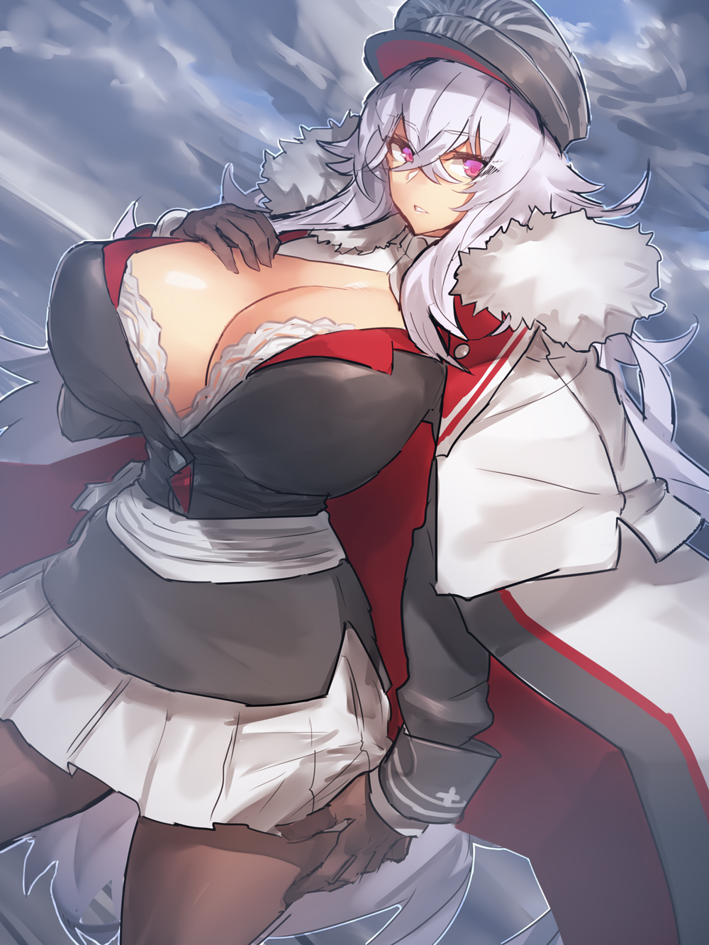 azur_lane breasts brown_gloves brown_legwear cleavage cloud cloudy_sky cowboy_shot dutch_angle eyebrows_visible_through_hair female fur-trimmed_jacket fur_trim gigantic_breasts gloves graf_zeppelin_(azur_lane) hand_on_own_chest hat highres jacket jacket_on_shoulders long_hair long_sleeves looking_at_viewer melon22 military_hat miniskirt pantyhose parted_lips peaked_cap pleated_skirt purple_eyes skirt sky solo standing white_hair