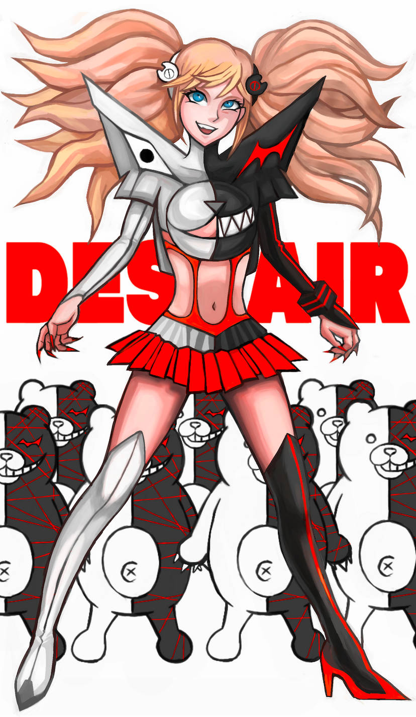 1girls blonde_hair blue_eyes breasts cosplay crop_top danganronpa fazebutler gyaru headgear high_heel_boots high_heels junko_enoshima kill_la_kill large_breasts looking_at_viewer matoi_ryuuko matoi_ryuuko_(cosplay) midriff monokuma multicolored_crop_top navel painted_fingernails red_skirt shoulder_spikes skirt suspenders thighhigh_boots twintails