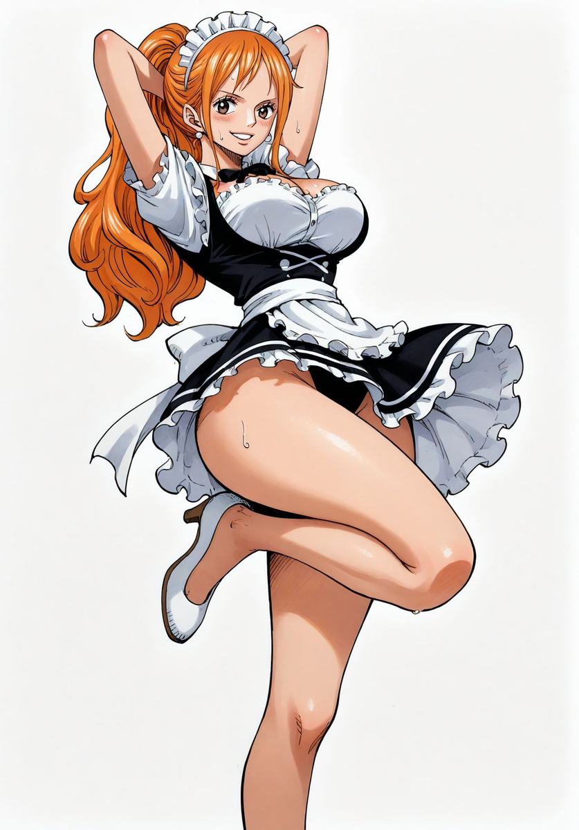 ai_generated alluring arms_behind_head arms_up big_breasts blush blushing_female breasts color colored earring earrings female female_only high_heels highres long_hair looking_at_viewer maid maid_headdress maid_outfit maid_uniform nami nami_(one_piece) one_leg_up one_piece orange_hair ponytail post-timeskip seducing seduction seductive seductive_body seductive_eyes seductive_gaze seductive_look seductive_mouth seductive_pose seductive_smile shiny_hair shiny_skin sweat sweatdrop sweating sweaty sweaty_body tagme thick_thighs voluptuous voluptuous_female yashin