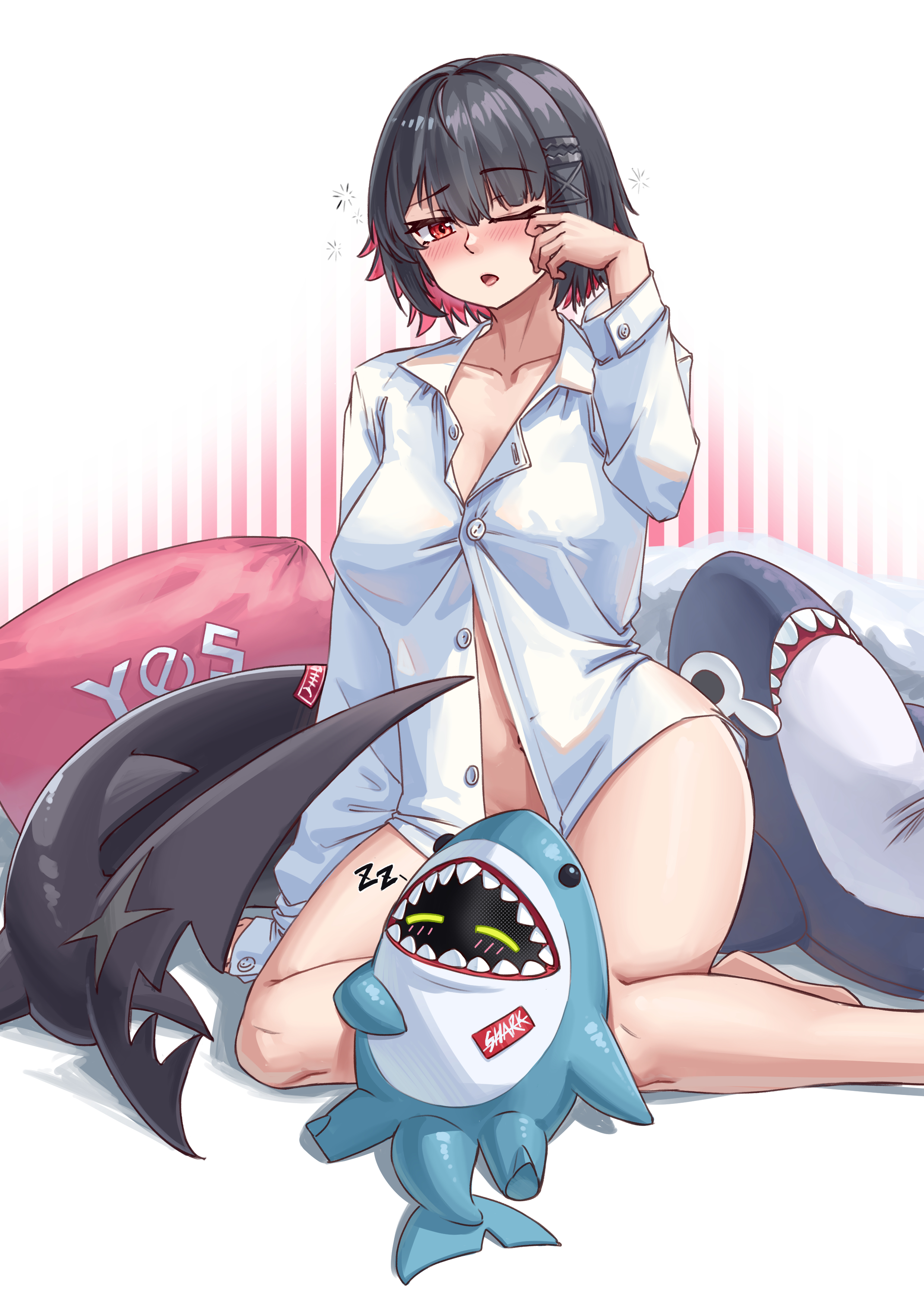 1girls, 2024, absurdres, black hair, blush, ellen joe, female, female only, highres, hp1598, light skin, light-skinned female, multicolored hair, naked shirt, one eye closed, open mouth, pillow, plushie, red eyes, red hair, shark, shark girl, shark tail, shirt, shirt only, sleepy, two-tone hair, zenless zone zero