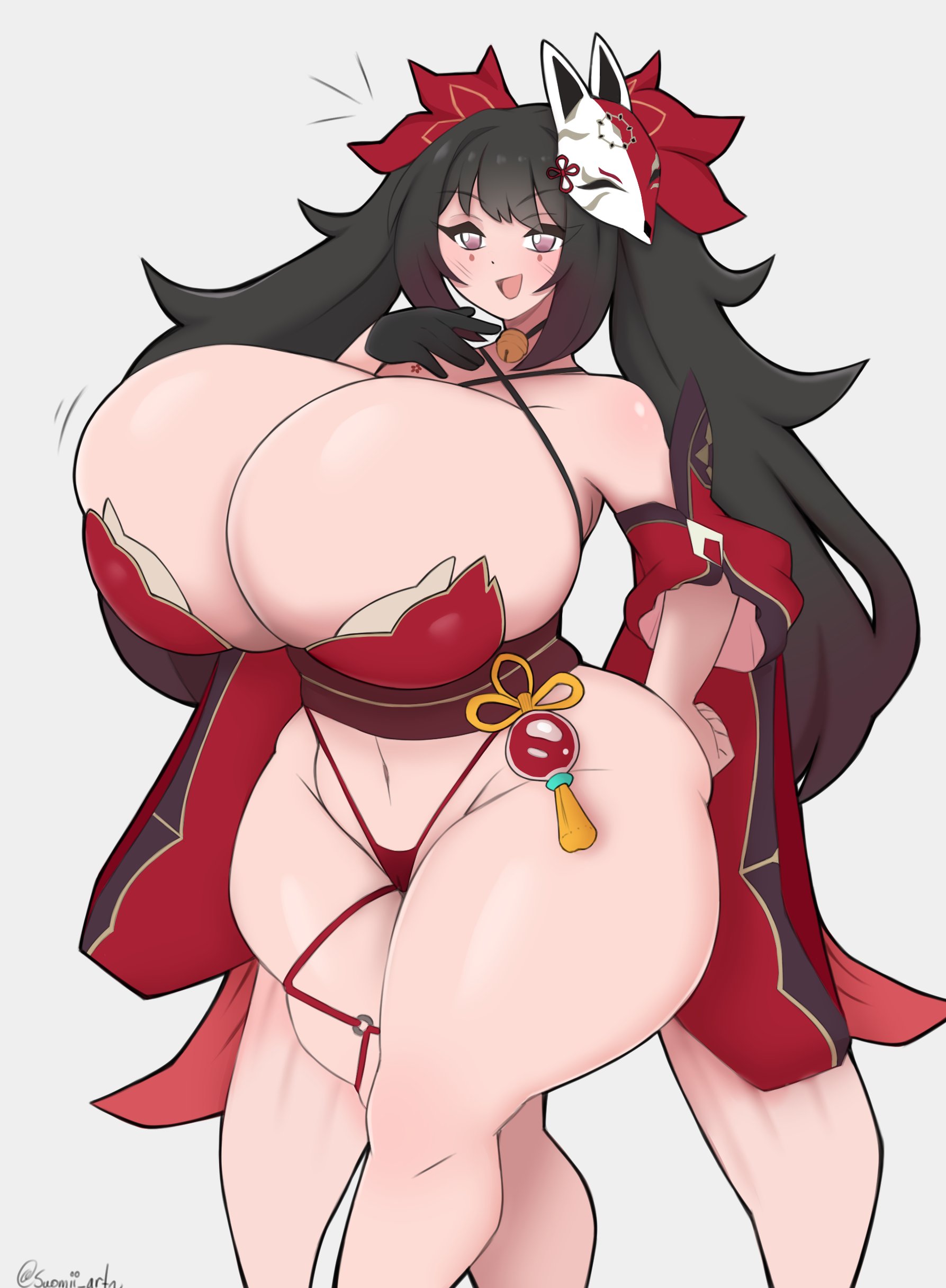 1girls, ass, black hair, breasts, dress, female, hands on hips, huge ass, huge breasts, makeup, marking below eyes, mask on head, ribbon, smile, sparkle (honkai: star rail), suomii, thick thighs, thigh strap