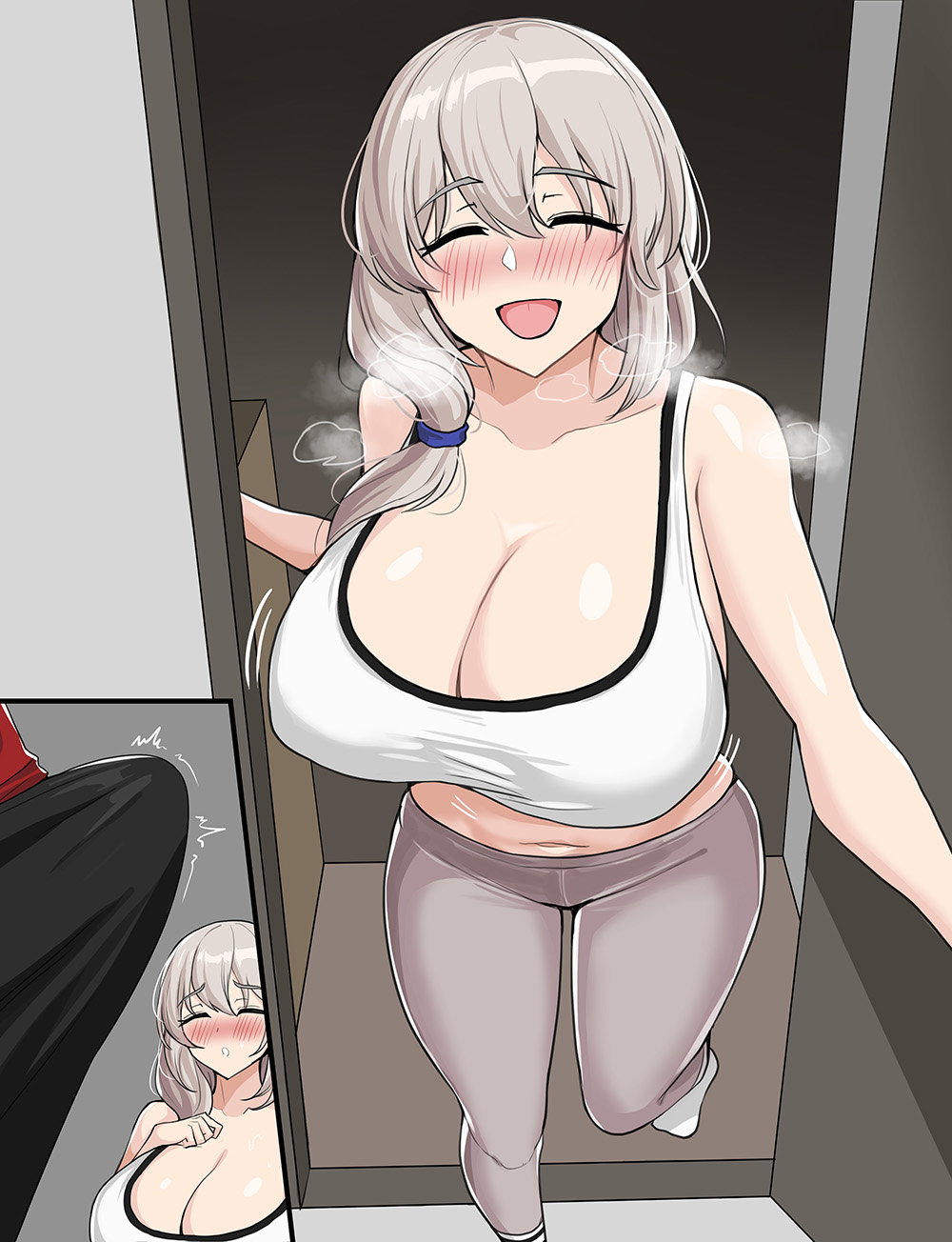 1boy, 1girls, 2021, breasts, cleavage, closed eyes, drogod (artist), erection, erection under clothes, female, grey hair, hips, huge breasts, long hair, looking at viewer, male, mature female, milf, mother, penis, smile, sportswear, thick thighs, thighs, uzaki tsuki, uzaki-chan wa asobitai!, wide hips