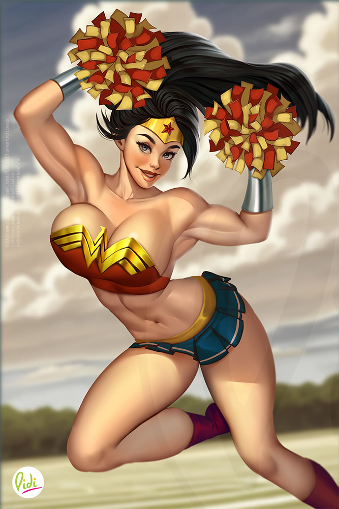 1girls aqua_eyes black_hair boots cheerleader cleavage dc dc_comics diana_prince didi_esmeralda female female_only fully_clothed huge_breasts long_hair looking_at_viewer miniskirt pom_poms revealing_clothes solo tiara wonder_woman wonder_woman_(series)