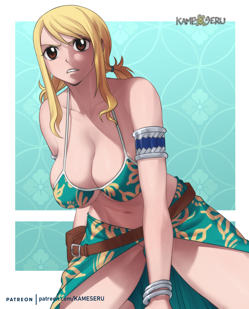 1girls armwear bag bare_shoulders big_breasts bikini bikini_bottom bikini_top blonde_hair bracelet bracelets brown_hair busty cleavage clothed clothing fairy_tail female female_only green_bikini green_panties green_swimsuit green_thong jewelry kameseru kneeling large_breasts lucy_heartfilia on_knees pale-skinned_female pale_skin panties pinup revealing_clothes sarong sideboob skirt solo swimsuit teeth thick_thighs thighs thong tied_hair twintails underboob upskirt voluptuous yellow_hair