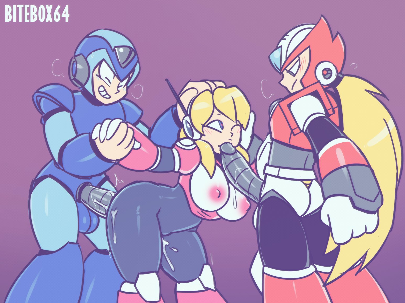 2021, alia, android, bitebox64, blonde hair, breasts, capcom, fellatio, female, male, mega man, mega man x, mmf threesome, nipples, oral, penetration, penis, spitroast, threesome, x (mega man), zero (mega man)