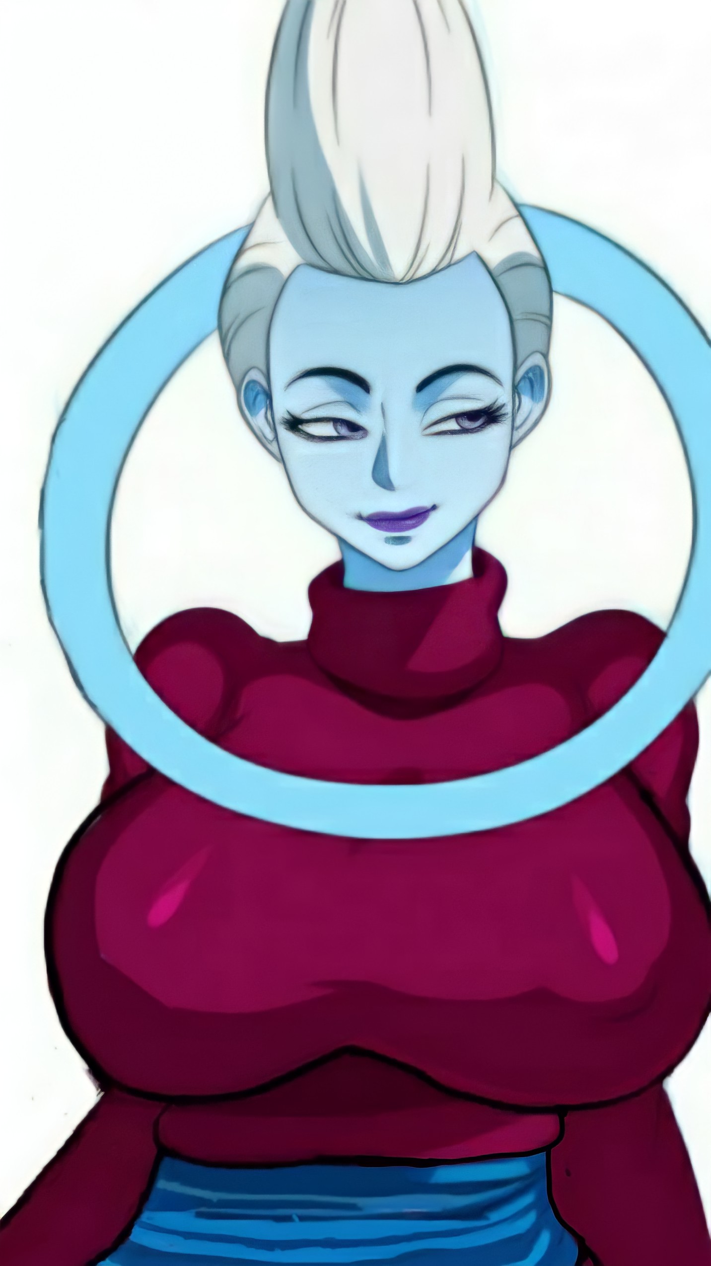 1girls, angel (dragon ball), big breasts, blue skin, breasts, dragon ball, dragon ball super, dragon ball z, edit, female, female only, purple eyes, rule 63, smirk, solo, sssonic2, whis
